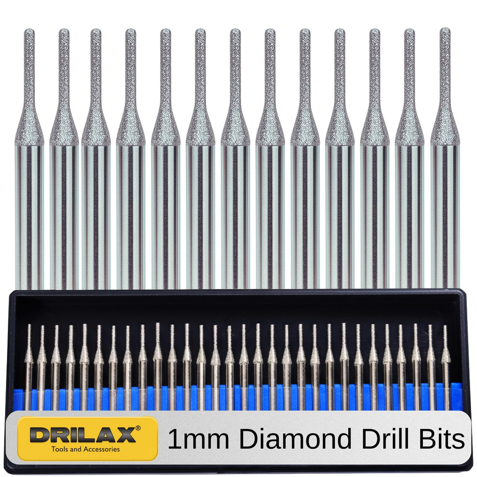 Drilax 30-piece 1mm diamond drill bits set in case for precise jewelry drilling.