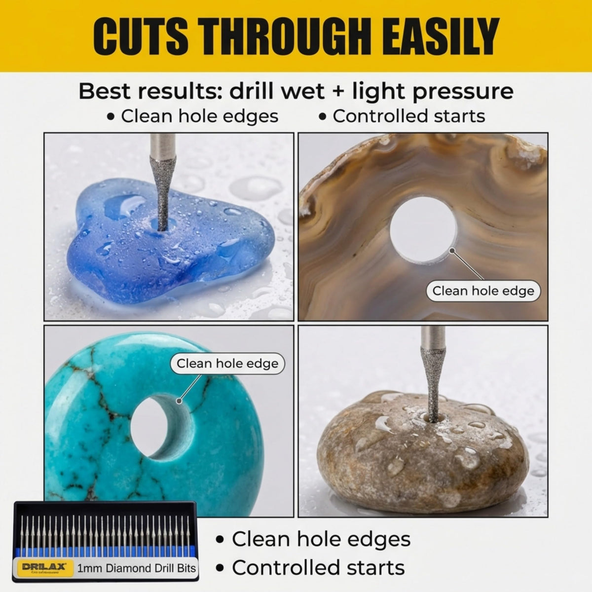 Drilax porcelain and ceramic drilling with smooth starting holes.