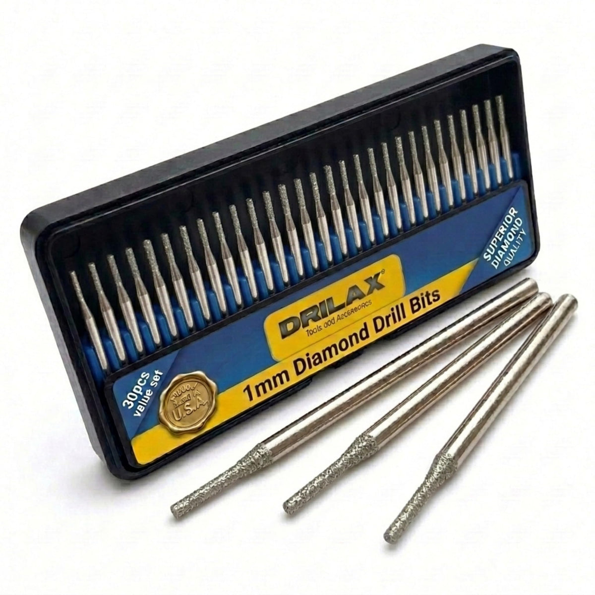Drilax 30-piece set in durable case for glass stone and ceramic work.