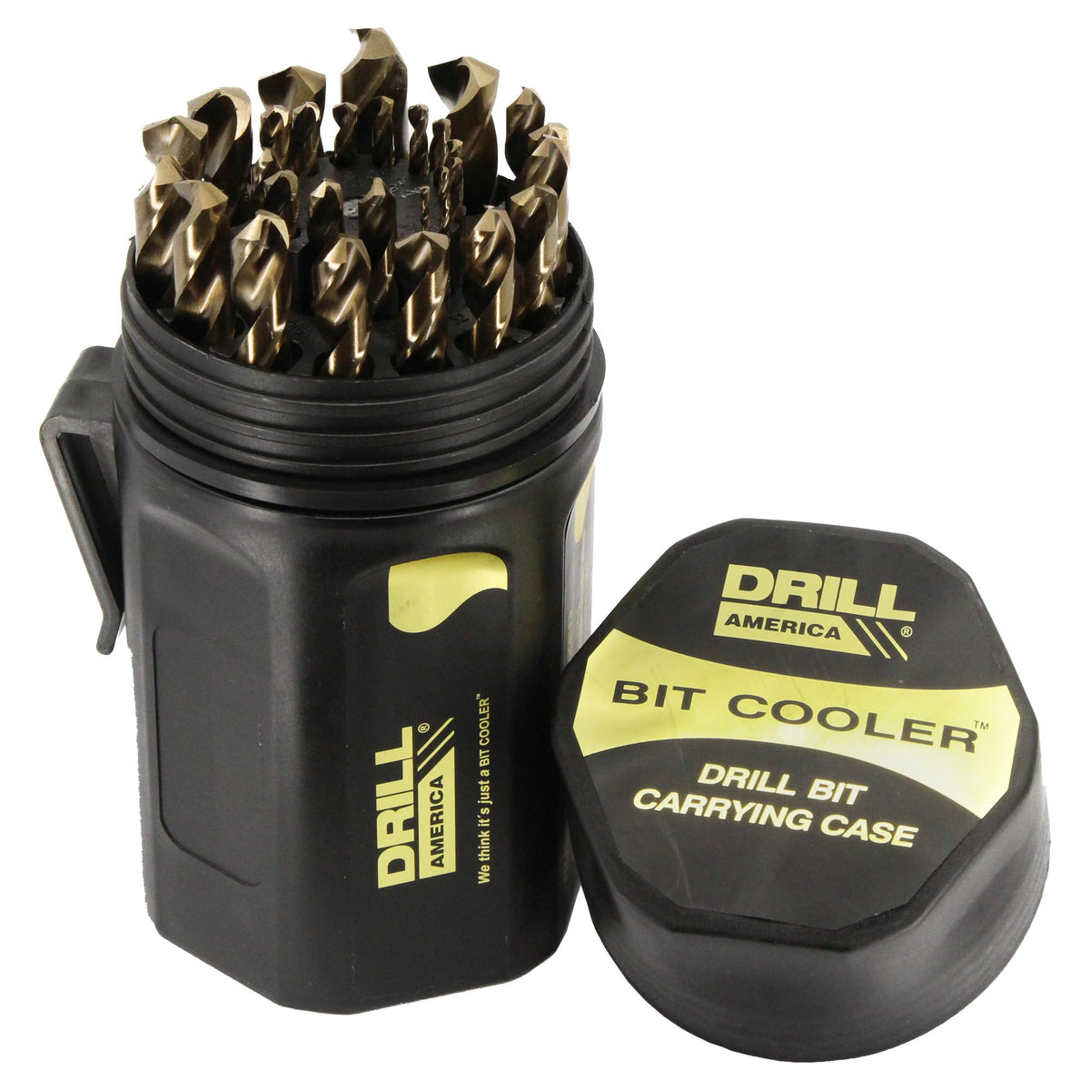 Drill America DWD29J-CO-PC round case with cobalt drill bits organized