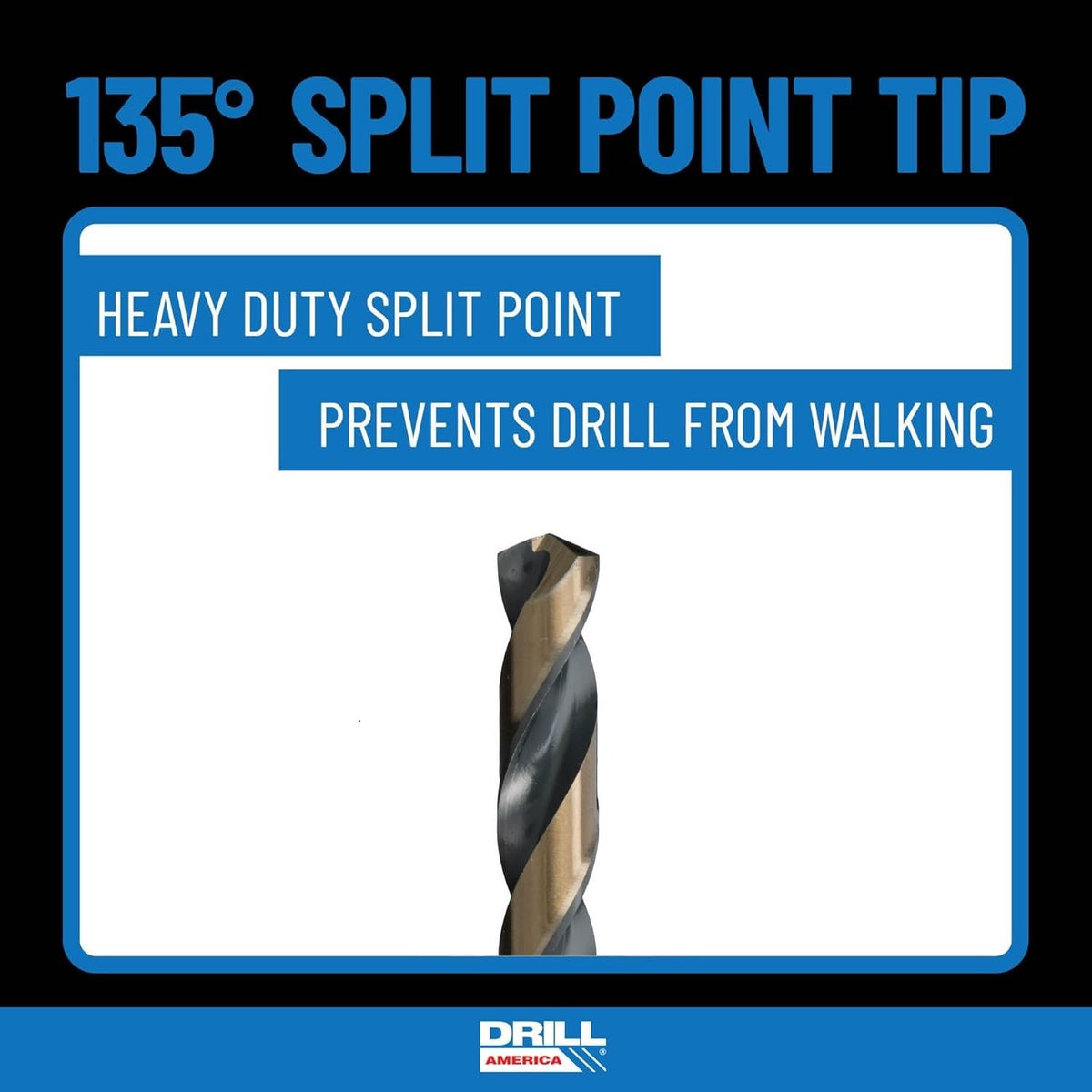 Drill America KFD29J-PC 135-degree split point centers holes to reduce walking.