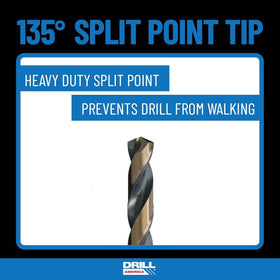 Drill America KFD29J-PC 135-degree split point centers holes to reduce walking.