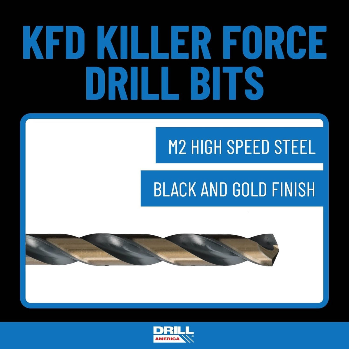 Drill America KFD29J-PC black and gold finish resists corrosion on hard metals.