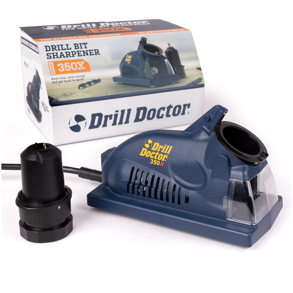Drill Doctor DD350X sharpener with angle adjustment for precise bit re-sharpening.