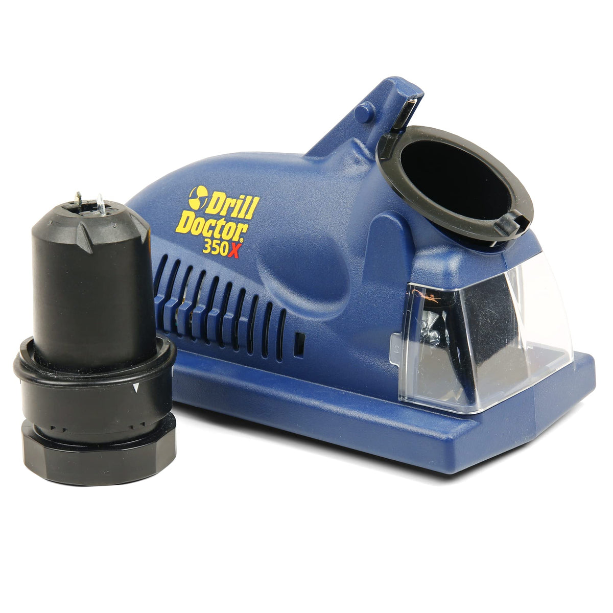 Drill Doctor DD350X portable electric sharpener on a compact workbench.