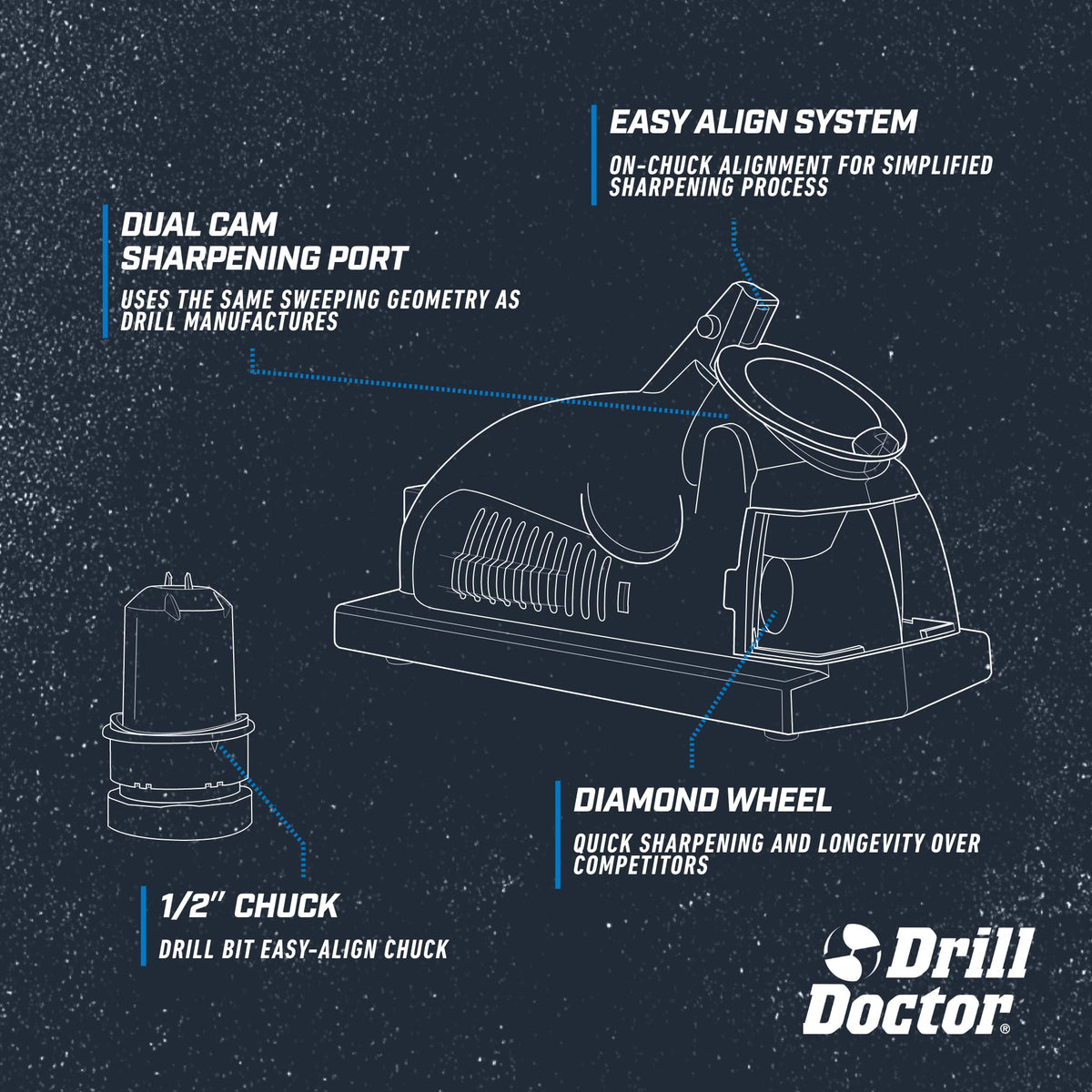 Drill Doctor DD350X V-block jaws secure the bit for stable sharpening.