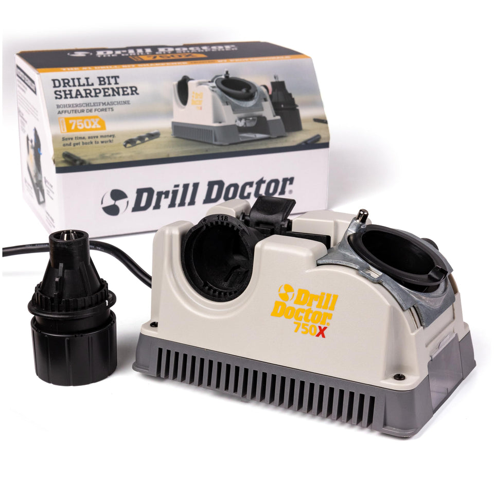 Drill Doctor DD750X front view shows portable sharpener for on-site use