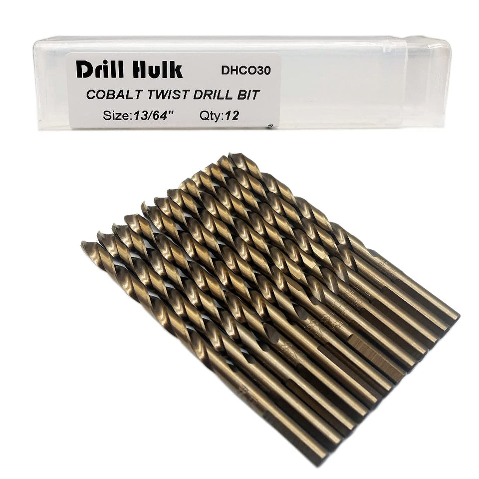 Drill Hulk 13/64-inch cobalt bits set in case for hard metal drilling.