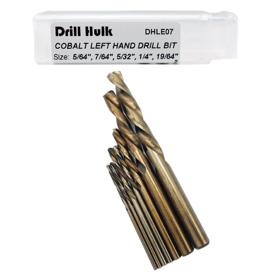 Drill Hulk cobalt left-hand bit 5/64 in for damaged bolt removal in a sturdy case.