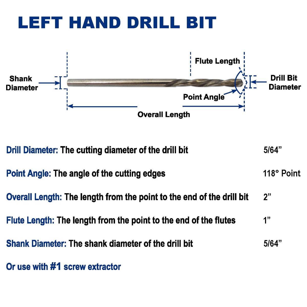 Drill Hulk cobalt left-hand bit 7/64 in for tough screw extraction.