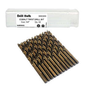 Drill Hulk quarter-inch cobalt drill bits in a case; high heat resistance for hard metals.