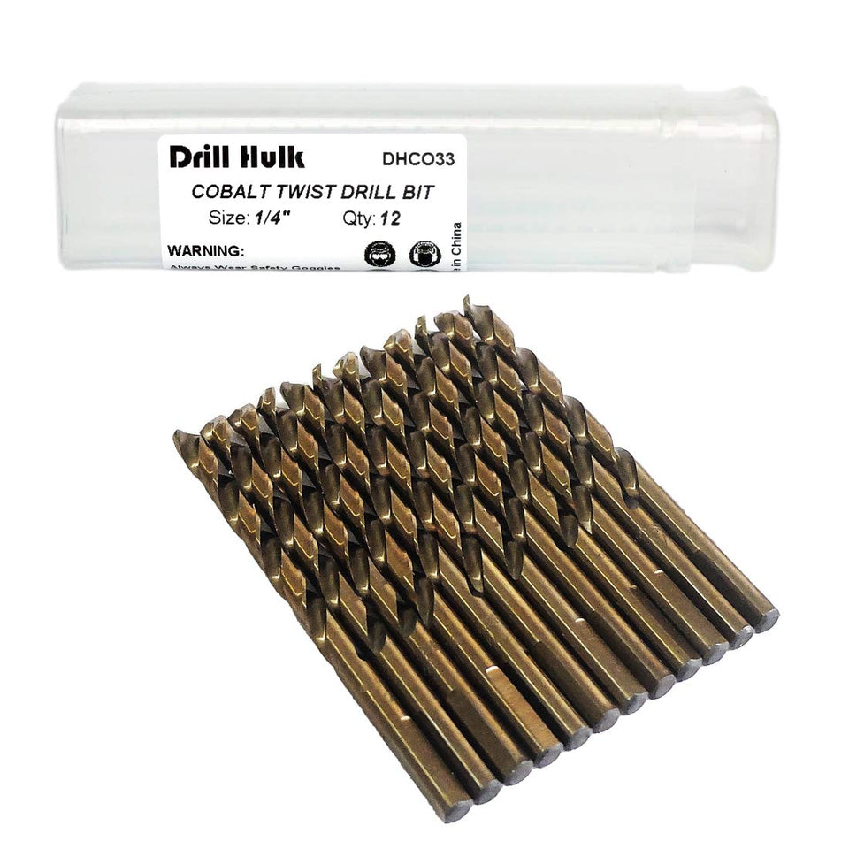 Drill Hulk quarter-inch cobalt drill bits in a case; high heat resistance for hard metals.