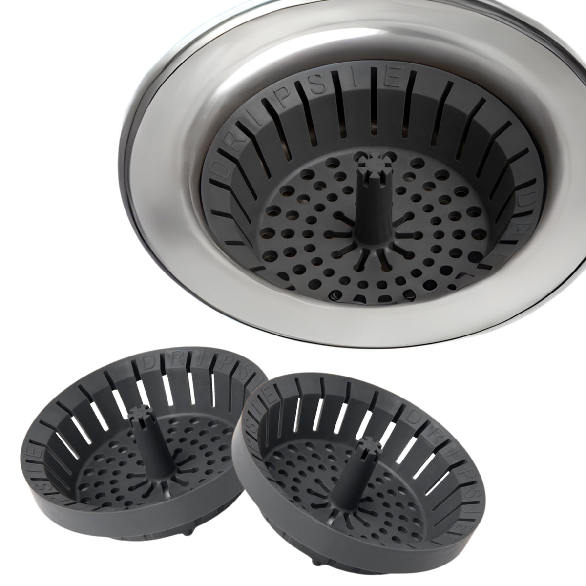 Dripsie kitchen sink strainer inside drain showing rimless fit and smooth water flow