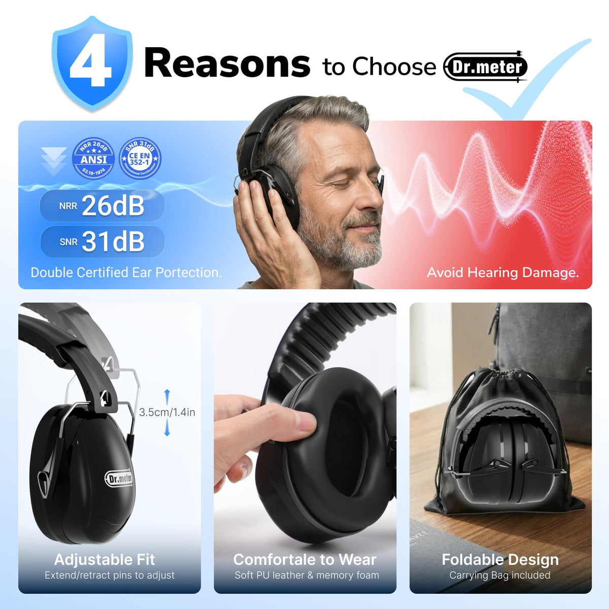 Dr.meter ear muffs provide 31dB noise reduction for loud environments.