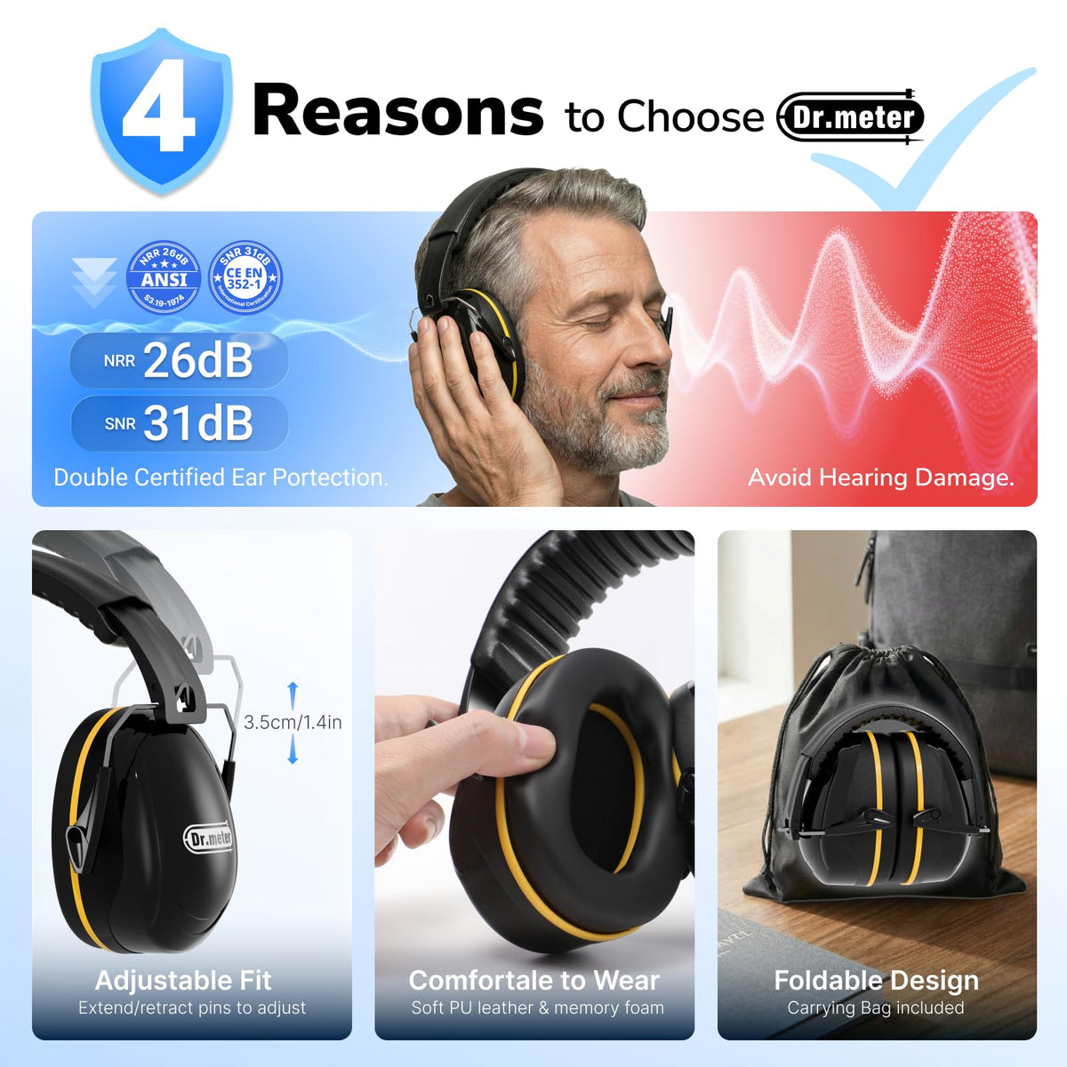 Dr.meter outdoor ear protection reduces noise during yard work.