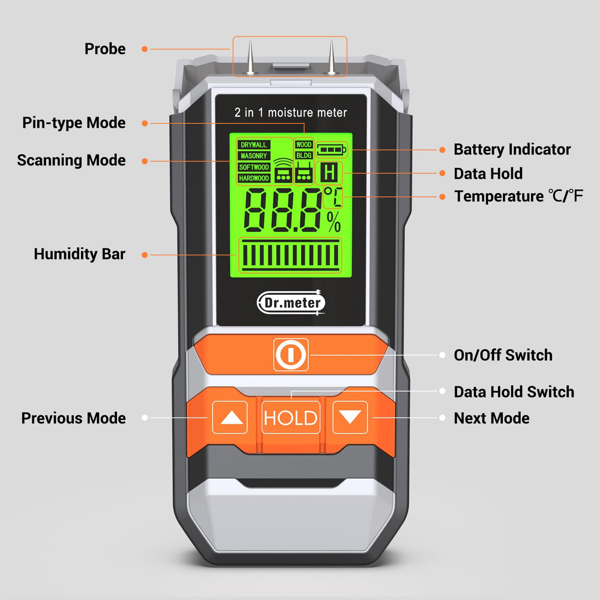 Dr.meter Over-range alert beeps when moisture levels rise.