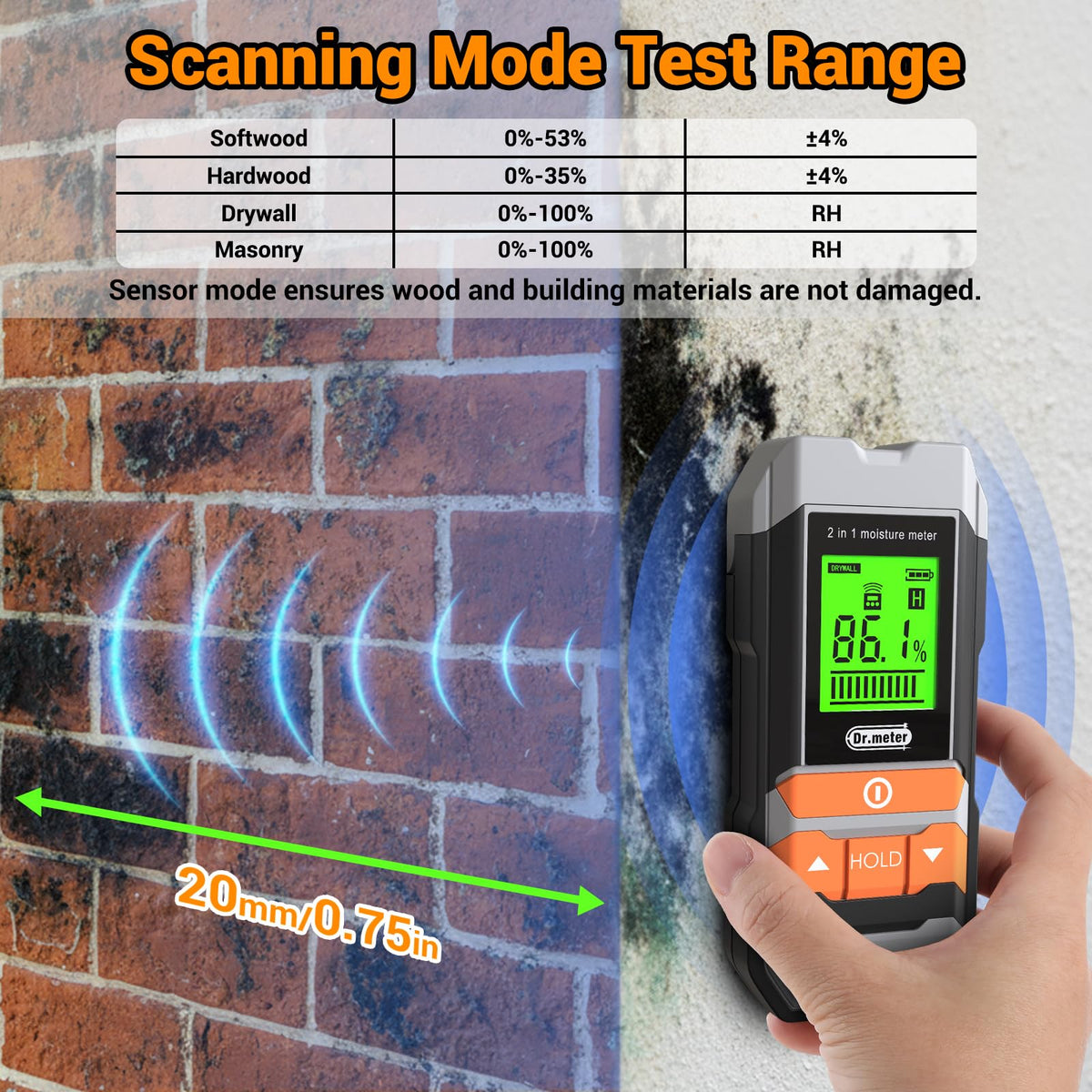 Dr.meter Pinless modes show softwood, hardwood, masonry, and drywall options for diverse surfaces.