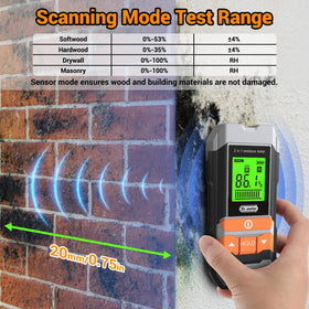 Dr.meter Pinless modes show softwood, hardwood, masonry, and drywall options for diverse surfaces.