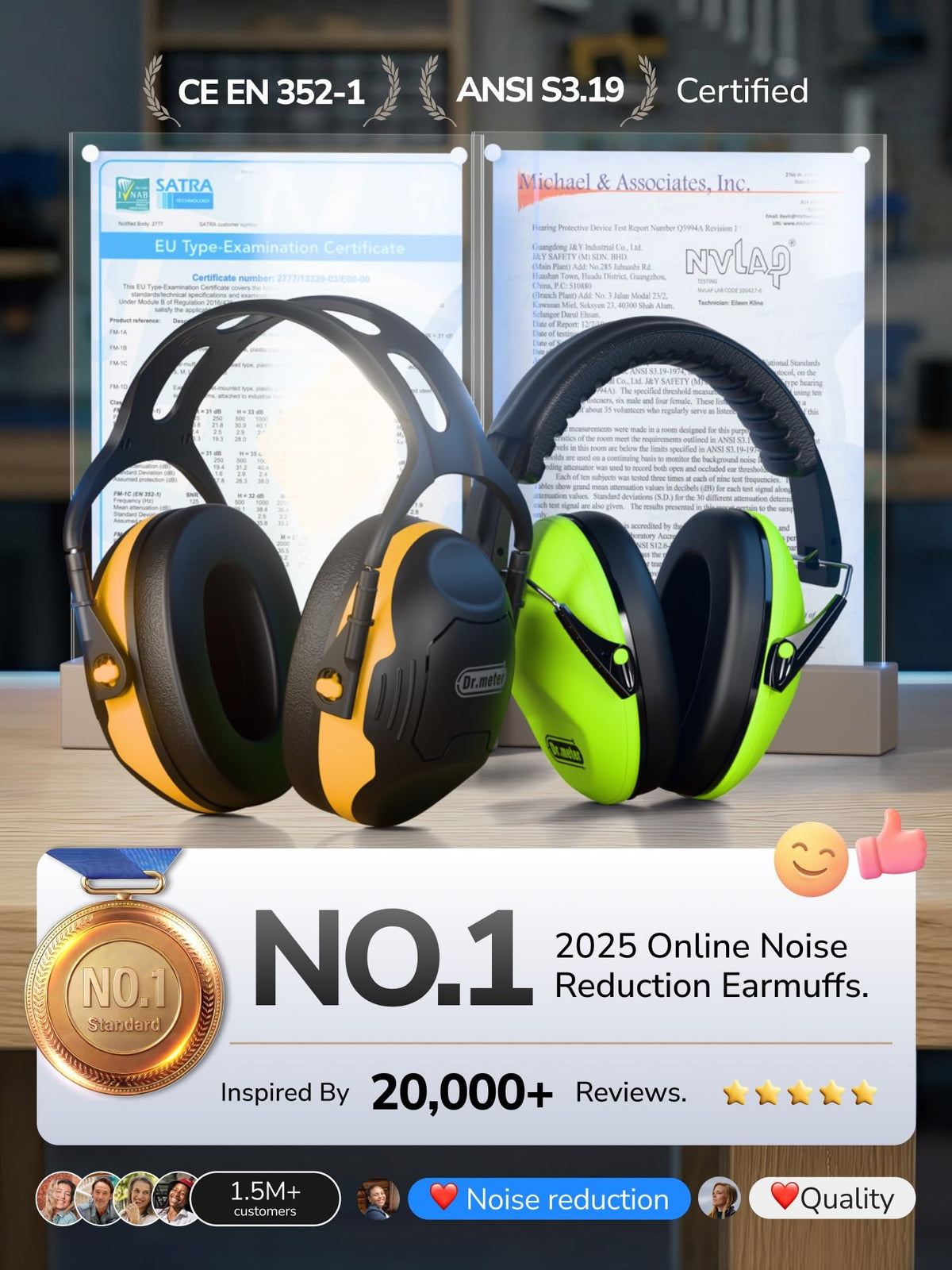 Dr.meter earmuffs ideal for lawn mowing and ranges.