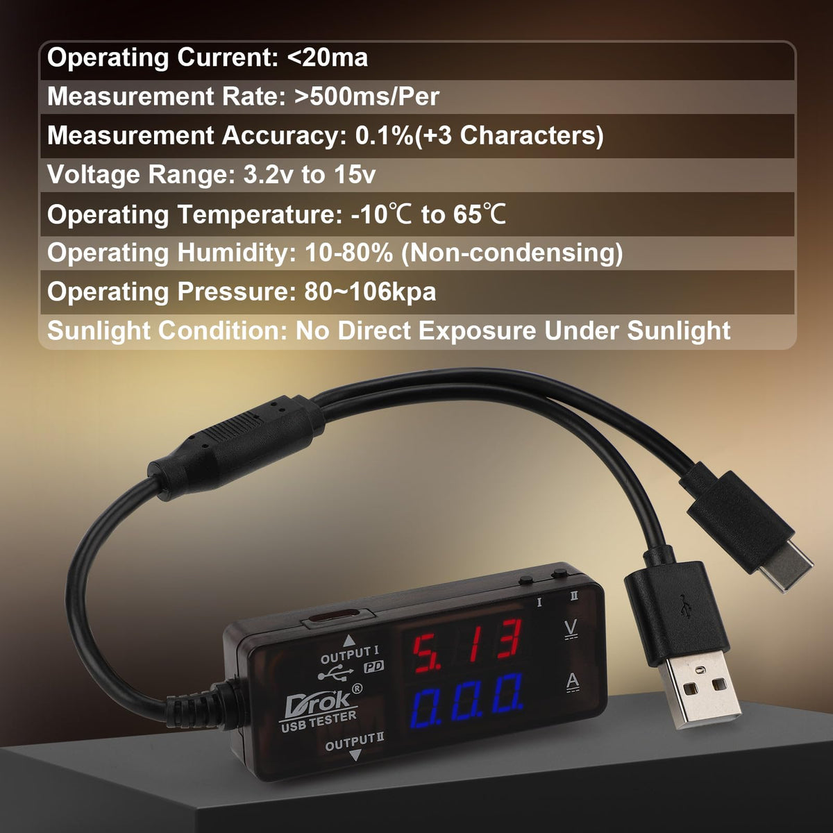 DROK USB Tester displays capacity readings for battery and charger testing.