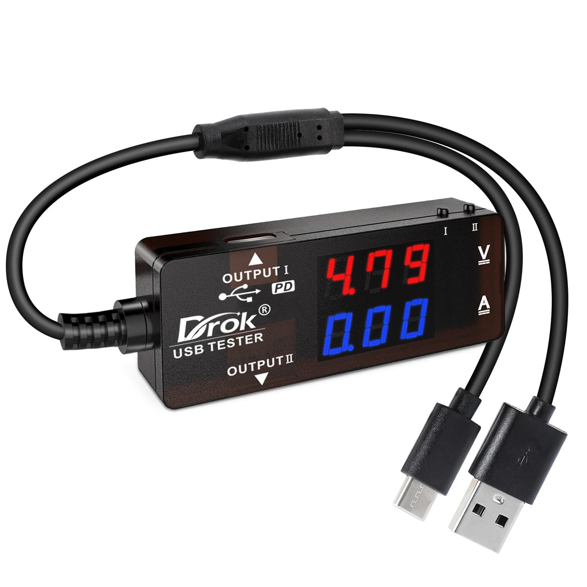 DROK USB Tester with color LED display for quick voltage and current checks.