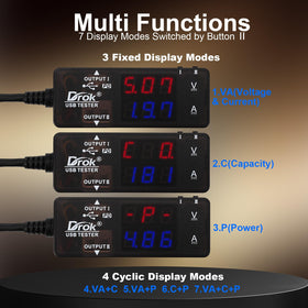 DROK USB Tester dual USB ports enable fast charging and data transfer checks.