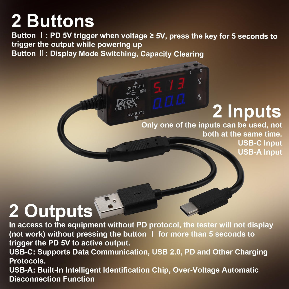 DROK USB Tester PD QC3.0 fast-charge detection for compatible devices.