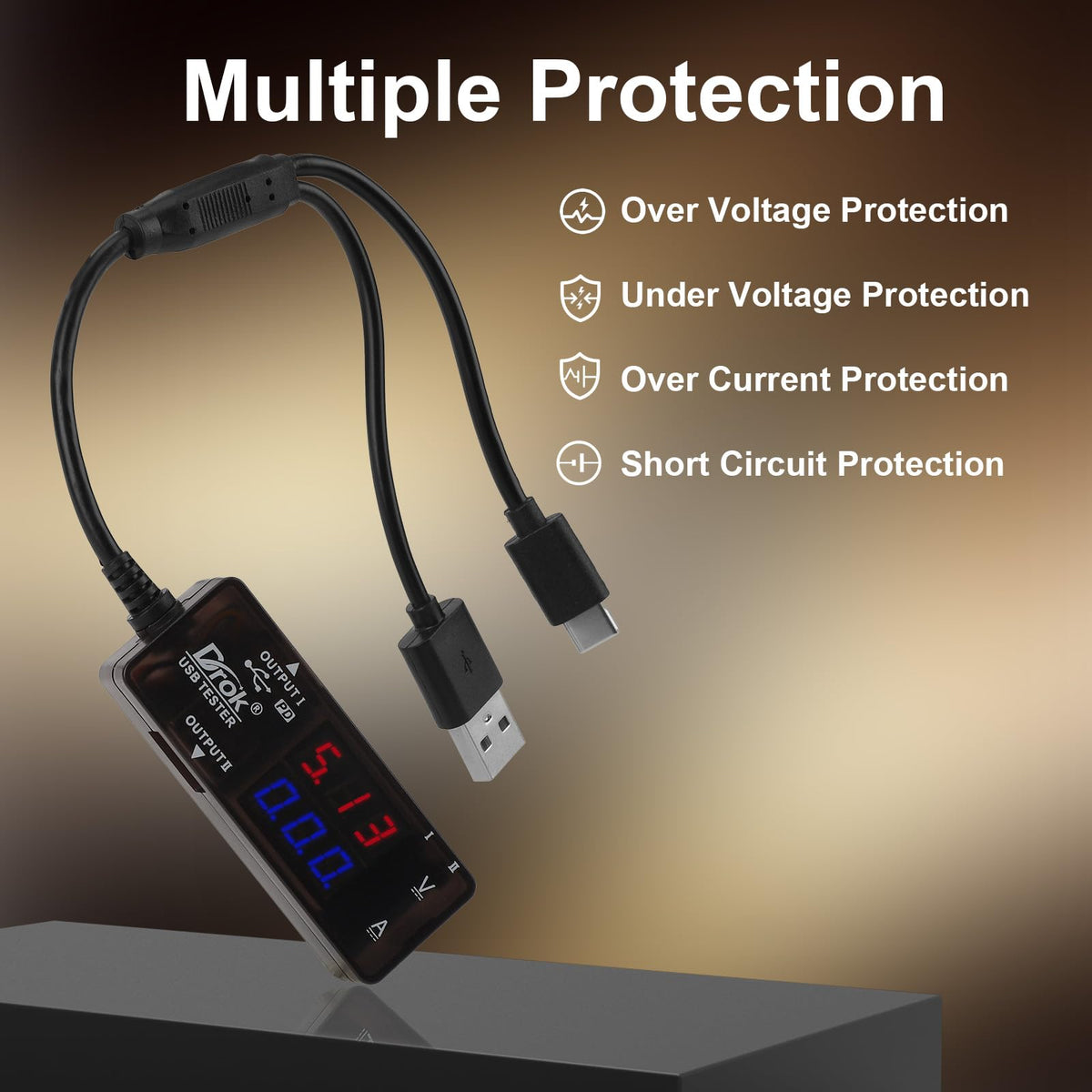 DROK USB Tester shows voltage, current, and power readouts for real-time monitoring.