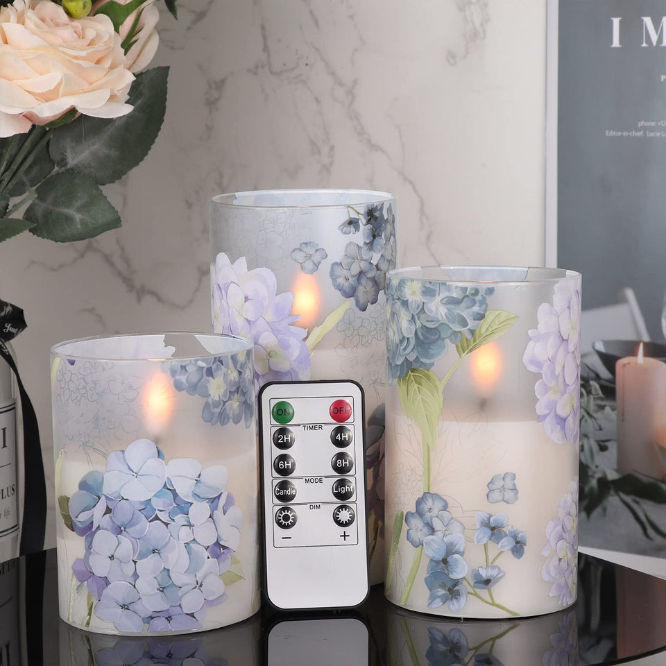 DRomance Hydrangea glass flameless candle with remote timer creates warm dinner ambiance
