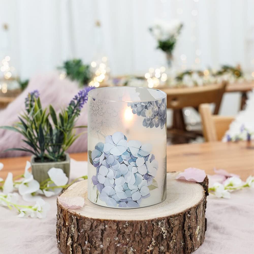 Hydrangea decals on a glass flameless candle add decor for holidays and everyday charm
