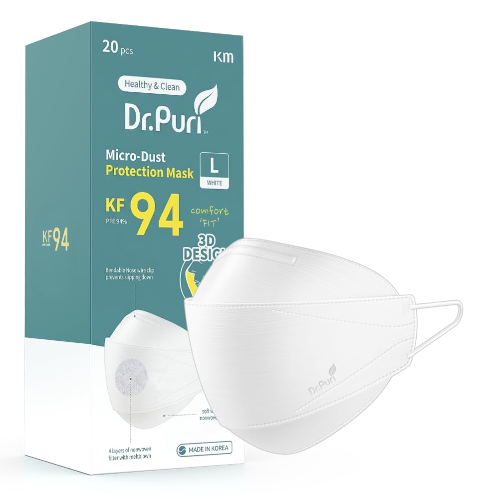 Dr.Puri KF94 white large face mask pack-shot showing 20-pack for convenient protection