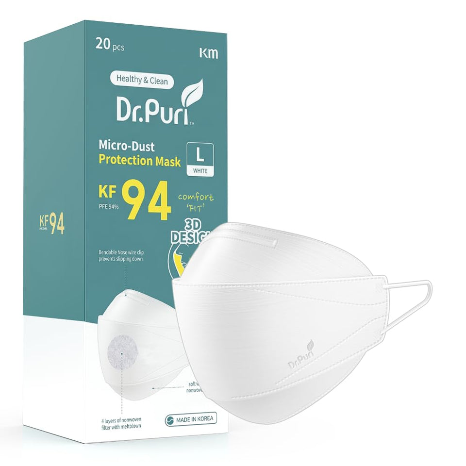 Dr.Puri KF94 white large face mask pack-shot showing 20-pack for convenient protection