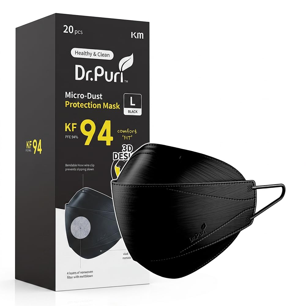 Dr.Puri KF94 mask 20-pack black large for everyday protection and comfort.