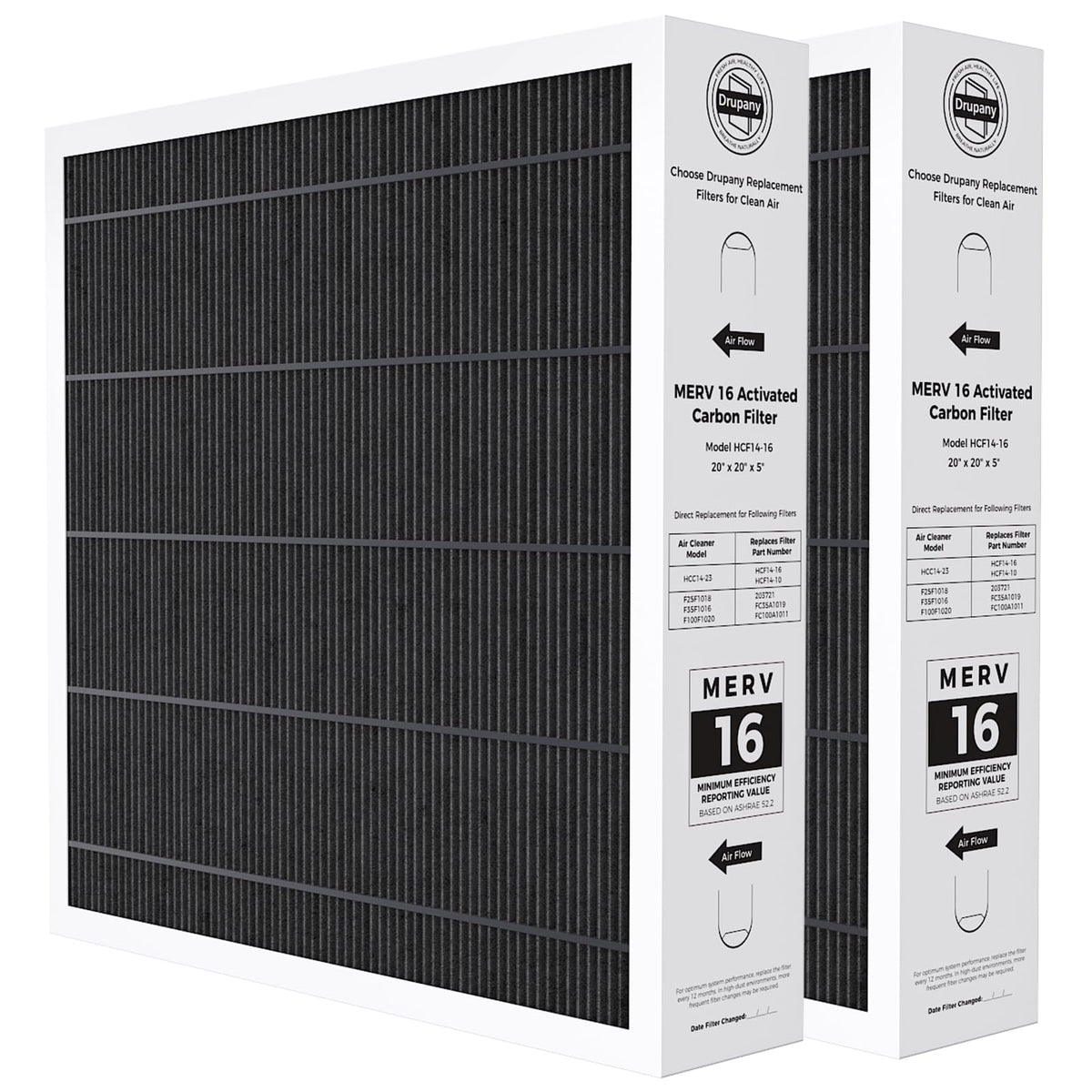 Drupany 20x20x5 MERV16 filter box for easy purchase and replacement.