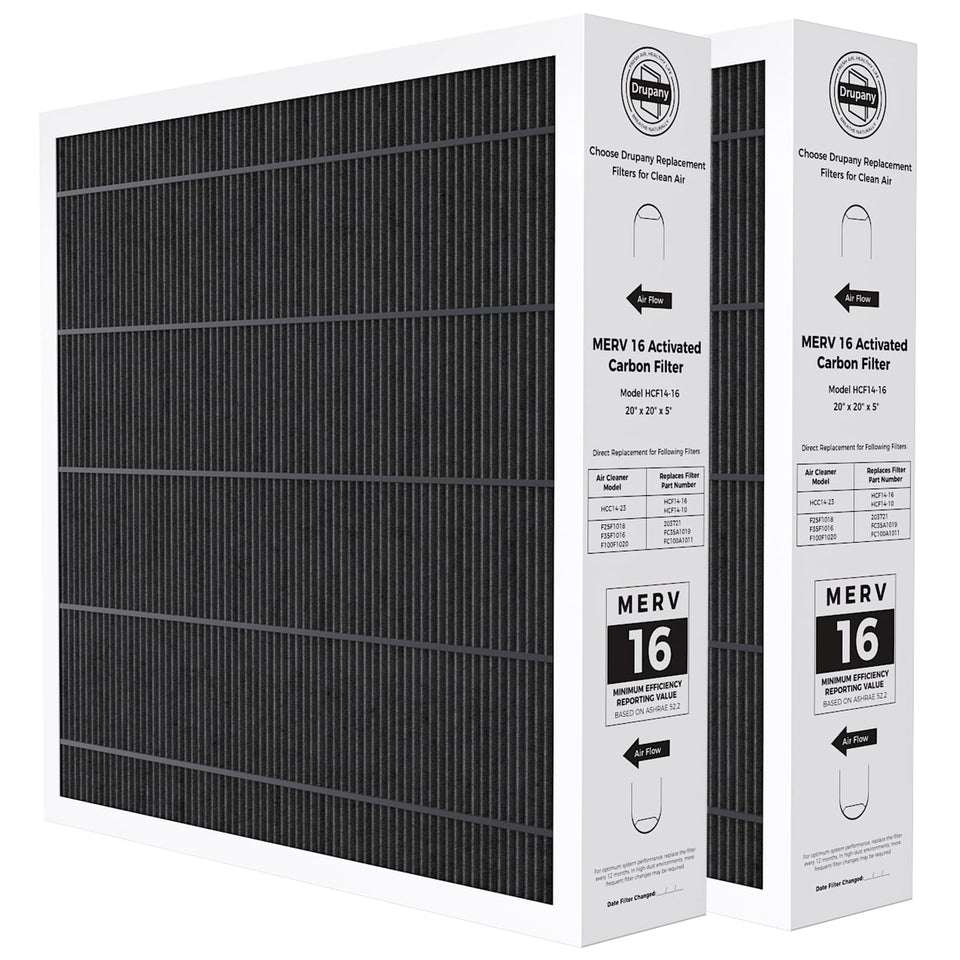 Drupany 20x20x5 MERV16 filter box for easy purchase and replacement.