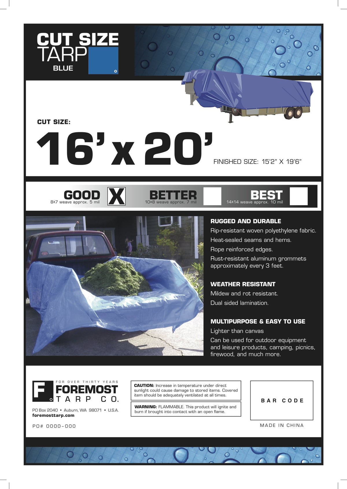 Dry Top economy tarp shows reinforced grommets and durable seams for secure setup.