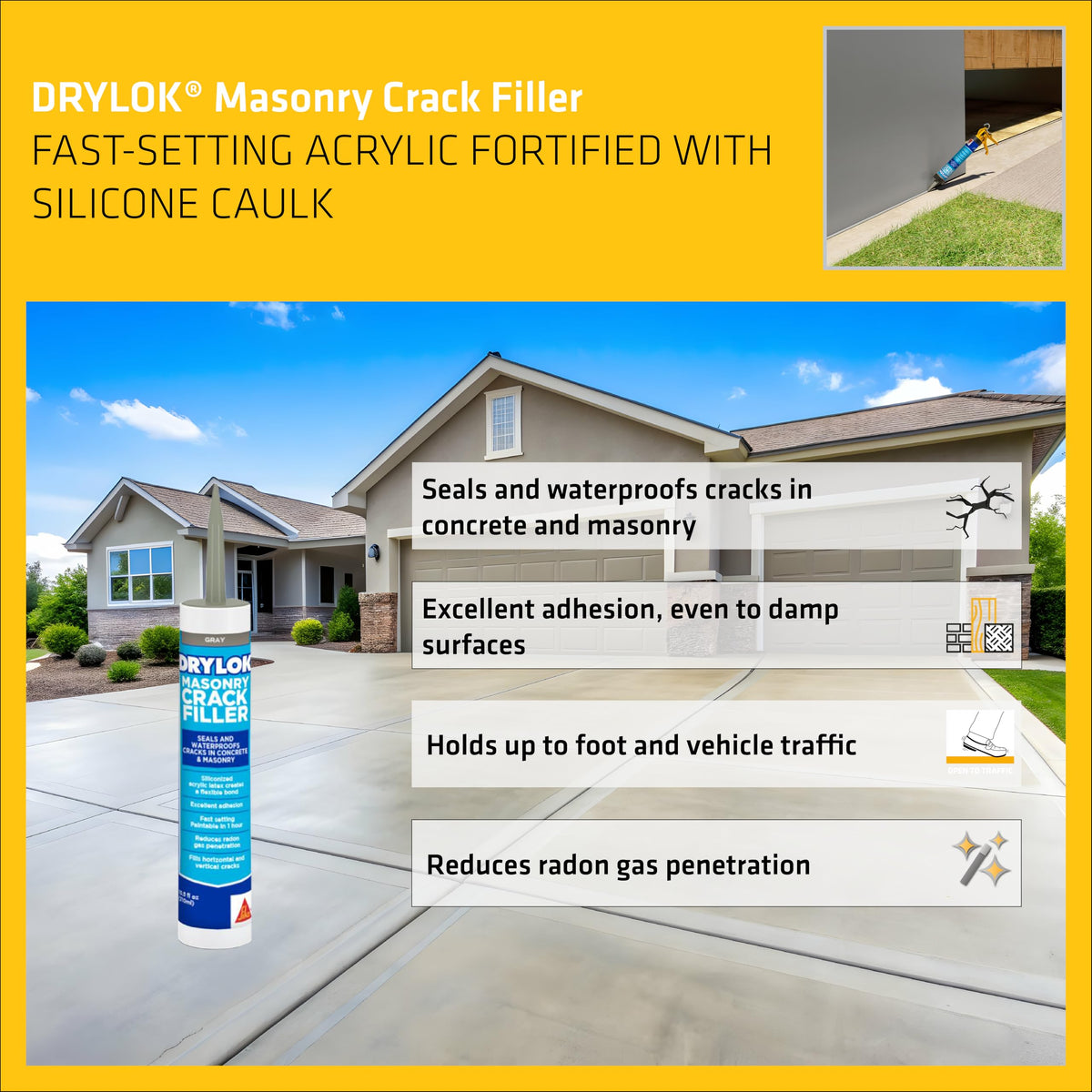 Drylok Masonry Crack Filler dries to concrete color for a seamless finish.