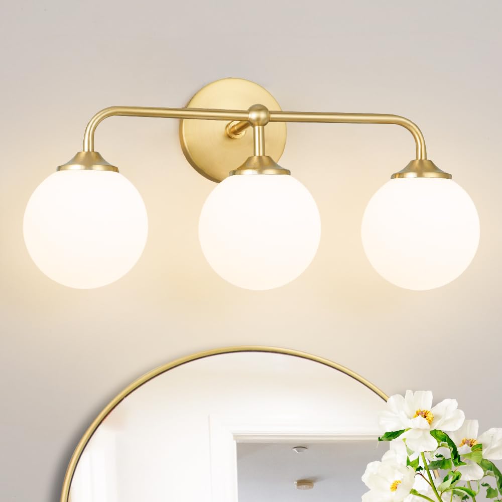 DSMJFU modern brushed gold 3-light vanity light over mirror for elegant ambience.