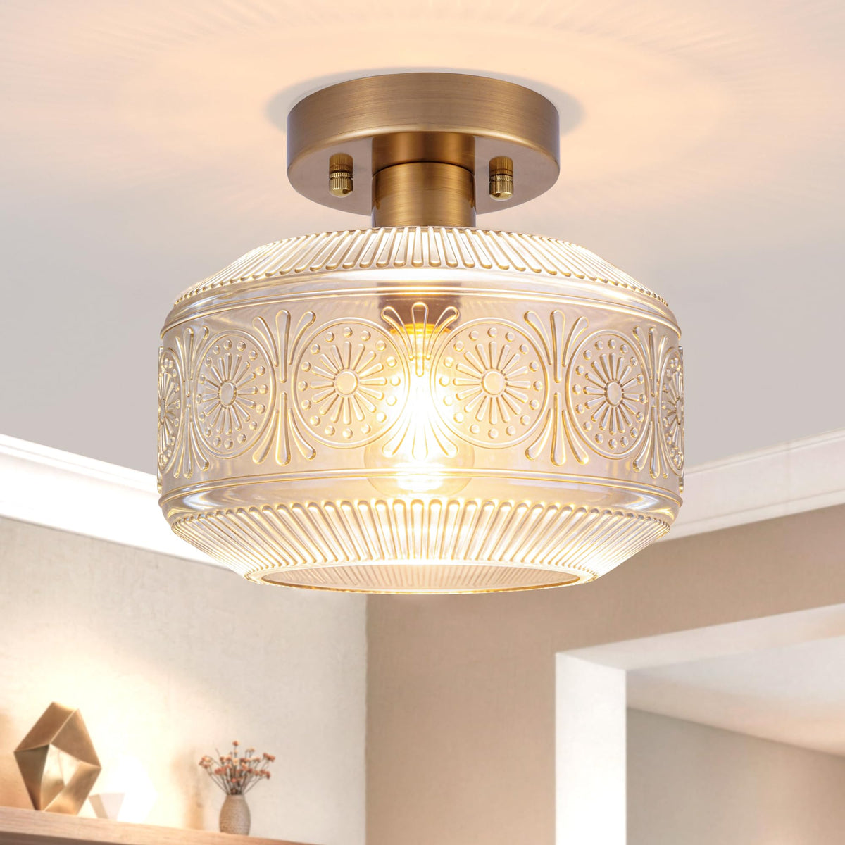 DSMJFU semi-flush brass glass shade brightens entryways with retro charm.