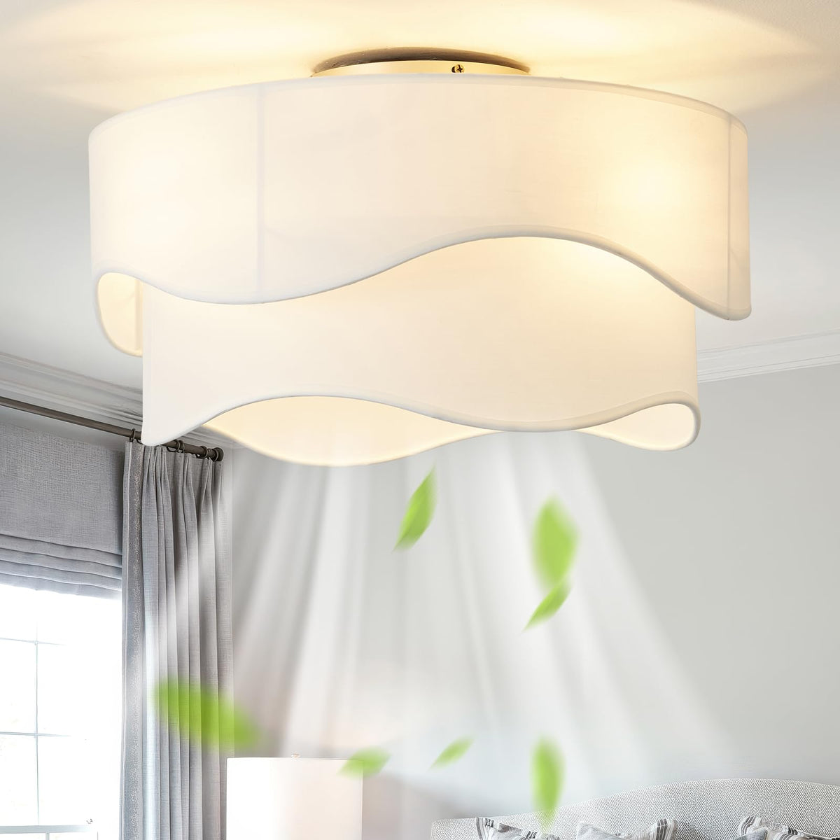 DSYBRI flush-mount fan with double-layer cover enhances modern bedroom ambiance.
