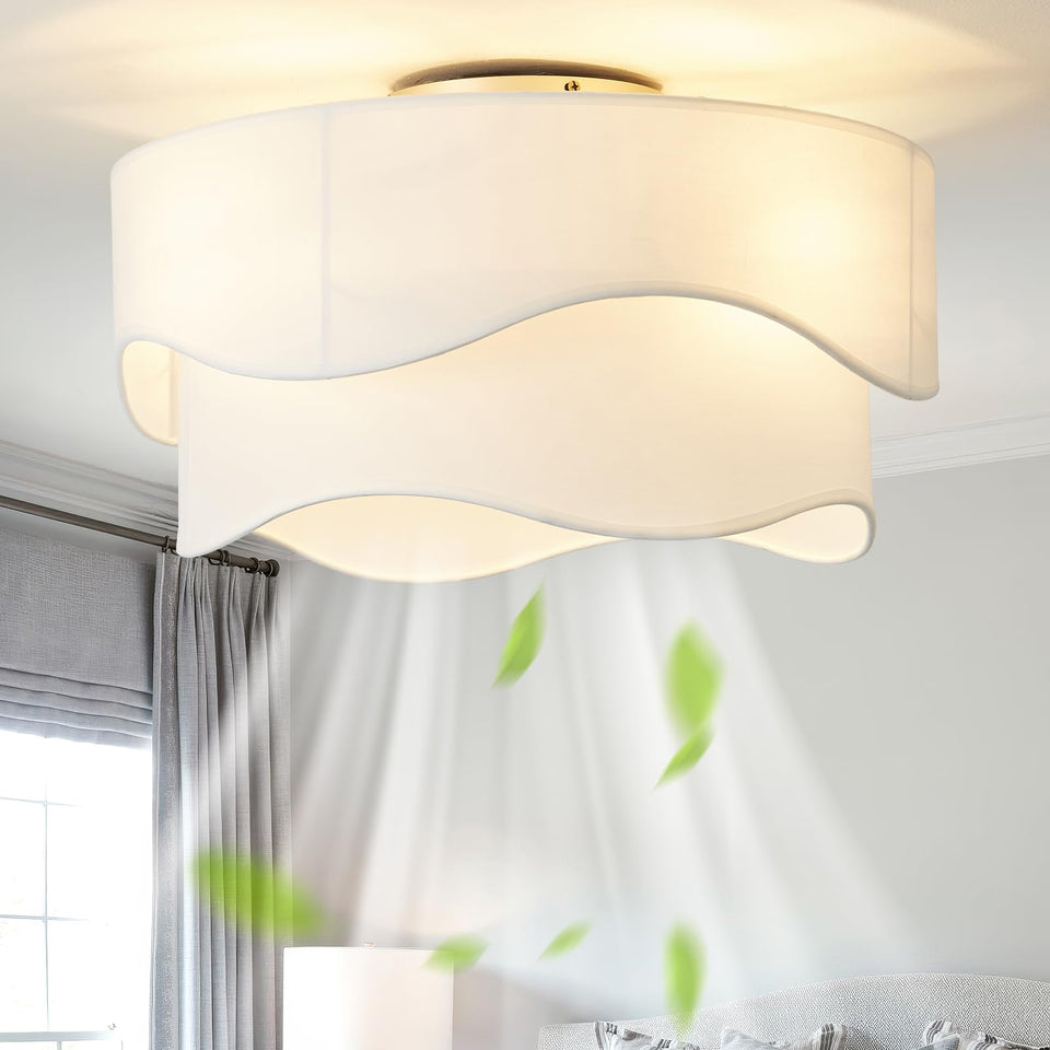 DSYBRI flush-mount fan with double-layer cover enhances modern bedroom ambiance.