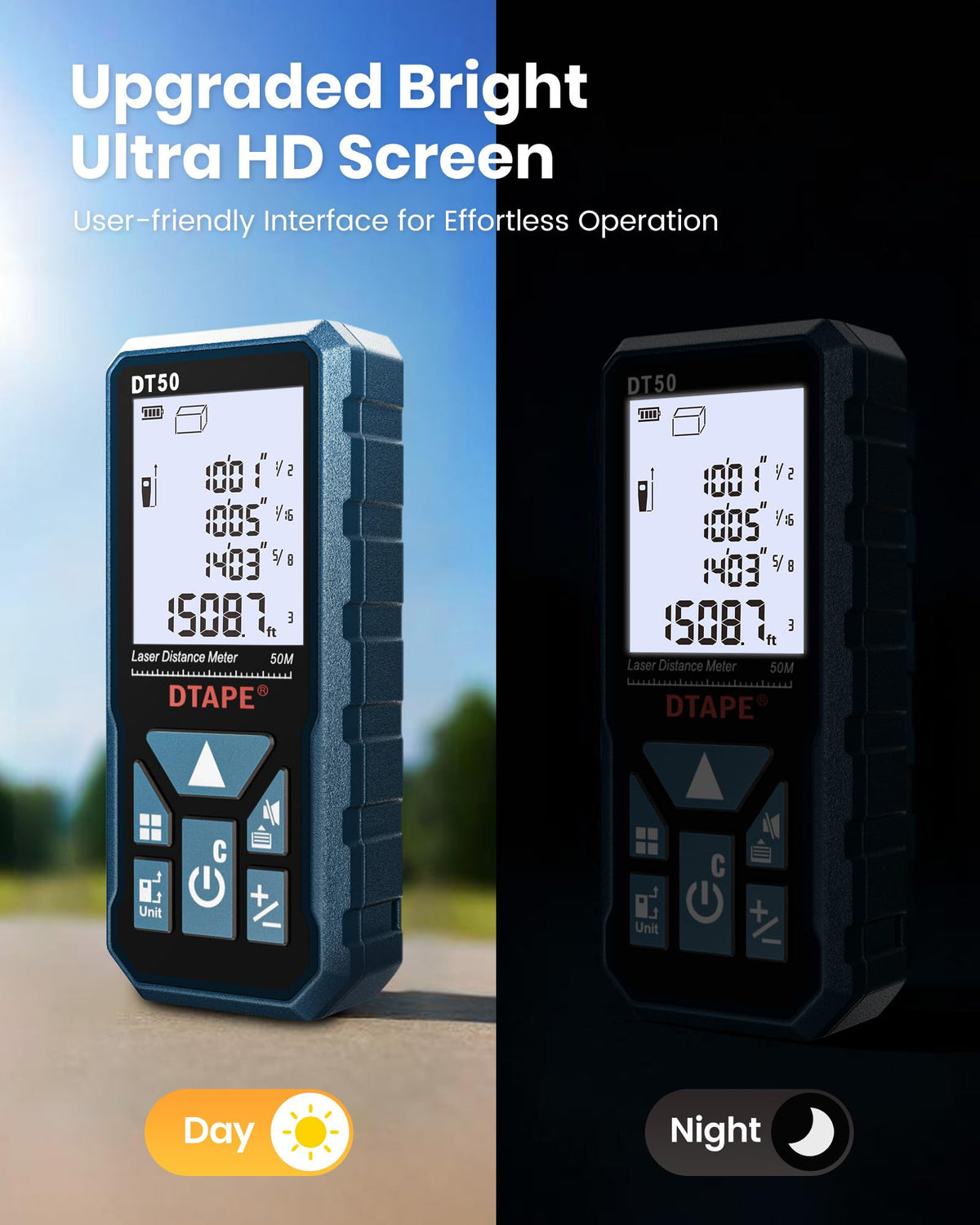 DTAPE Laser Measurer area and volume modes assist room sizing.