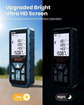 DTAPE Laser Measurer area and volume modes assist room sizing.