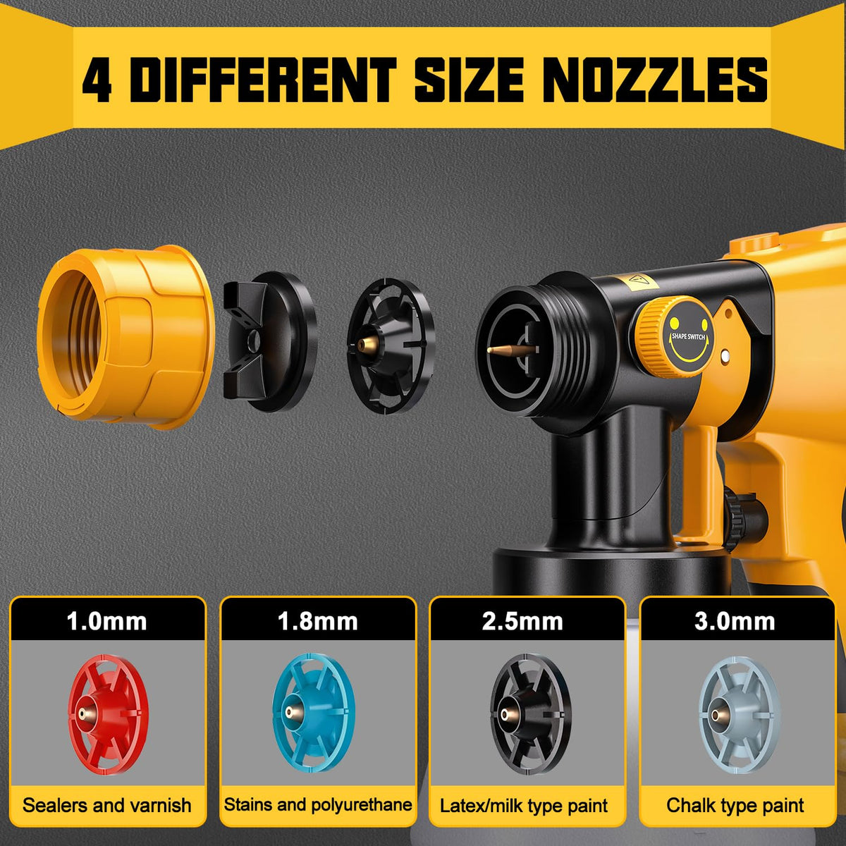 Interchangeable nozzles ensure smooth atomization for various paints