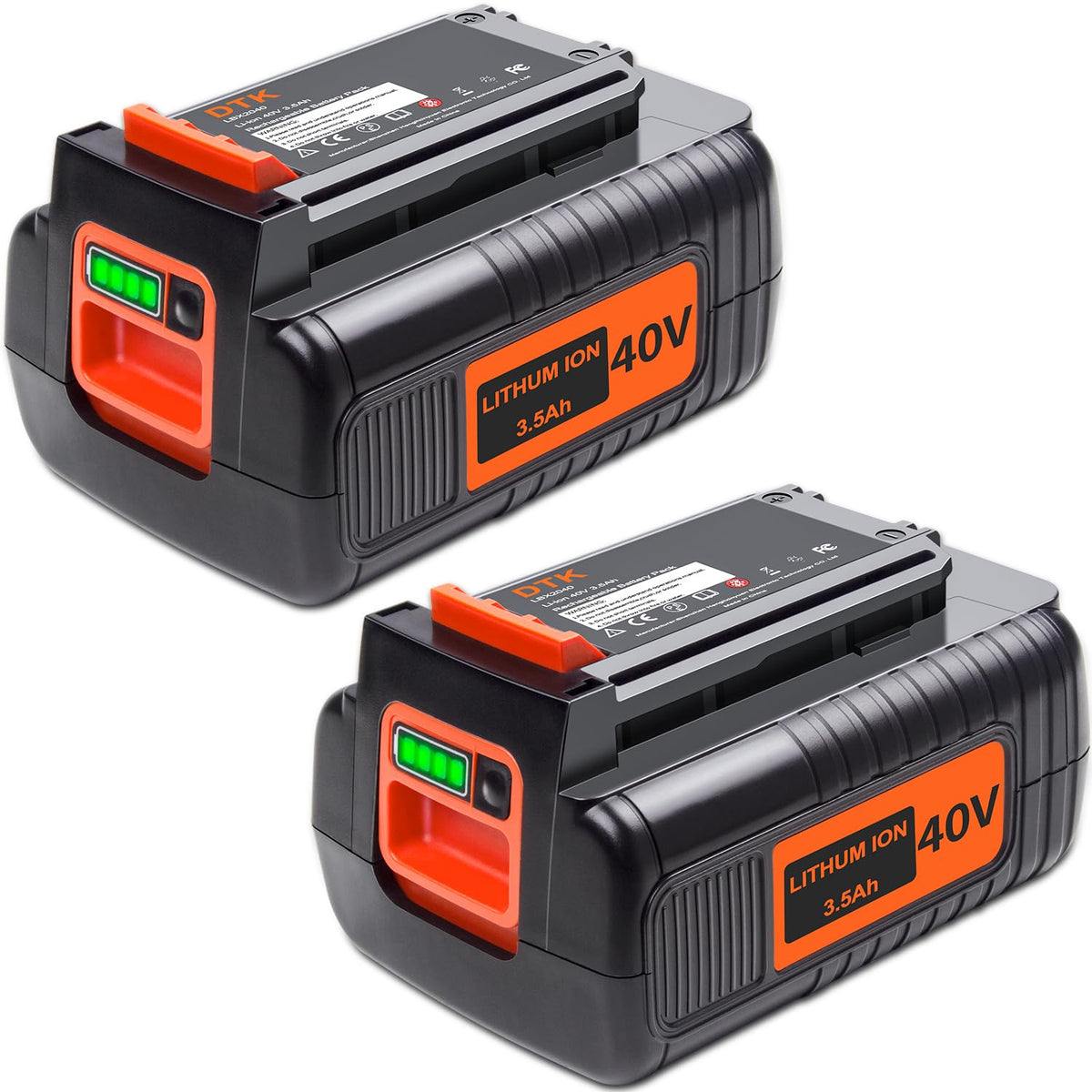 DTK 40V 3600mAh battery front view showing compact, high-capacity design for outdoor power tools.