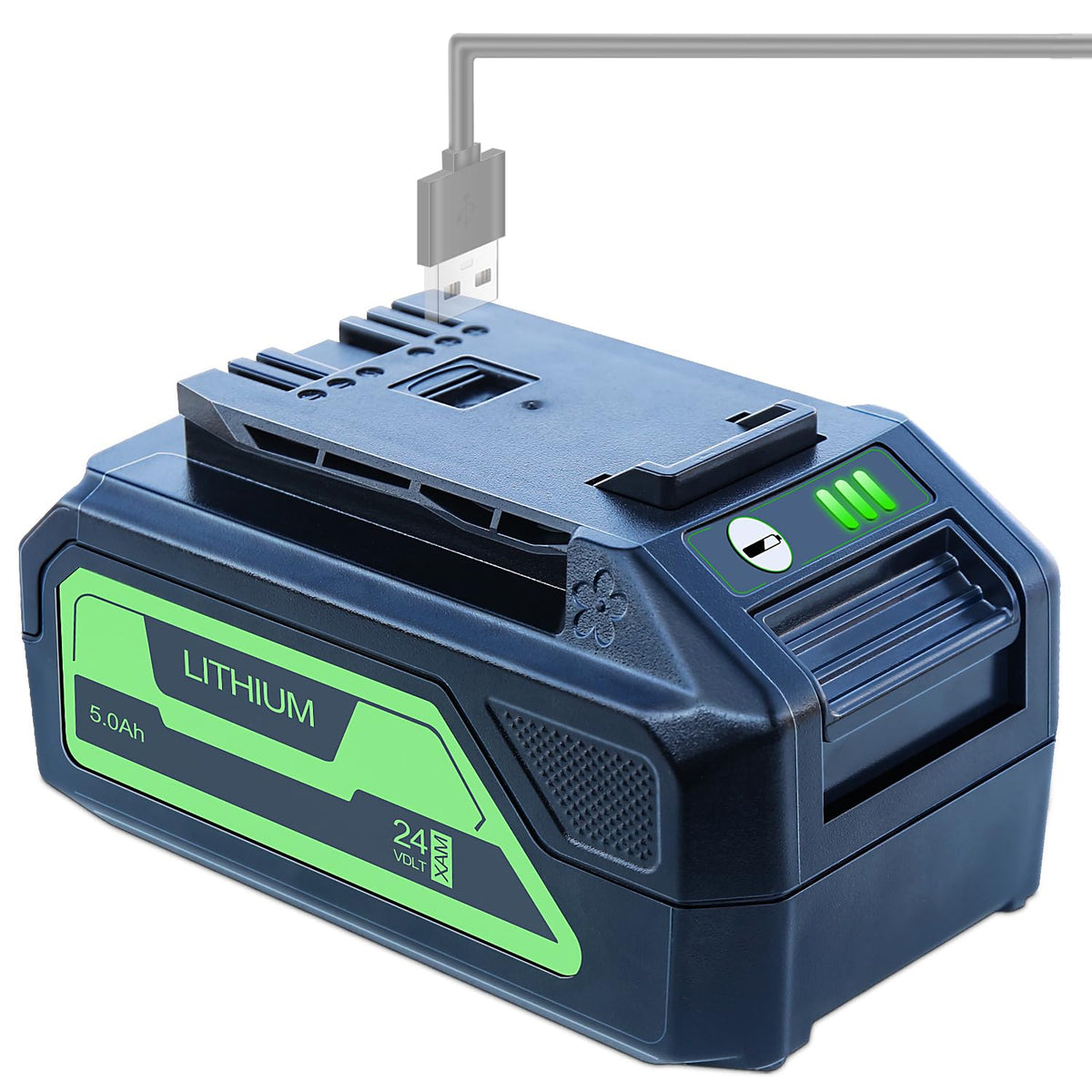 DTK 5.0Ah 24V battery front view for Greenworks tools, lightweight power.