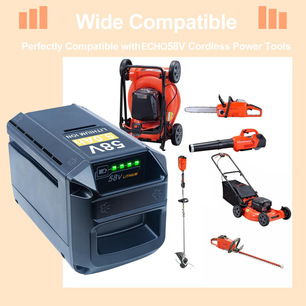 DTK 58V 5Ah battery pack box with packaging and warranty info.