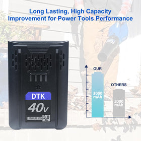 DTK 40V battery with 4-LED gauge shows clear charge status.