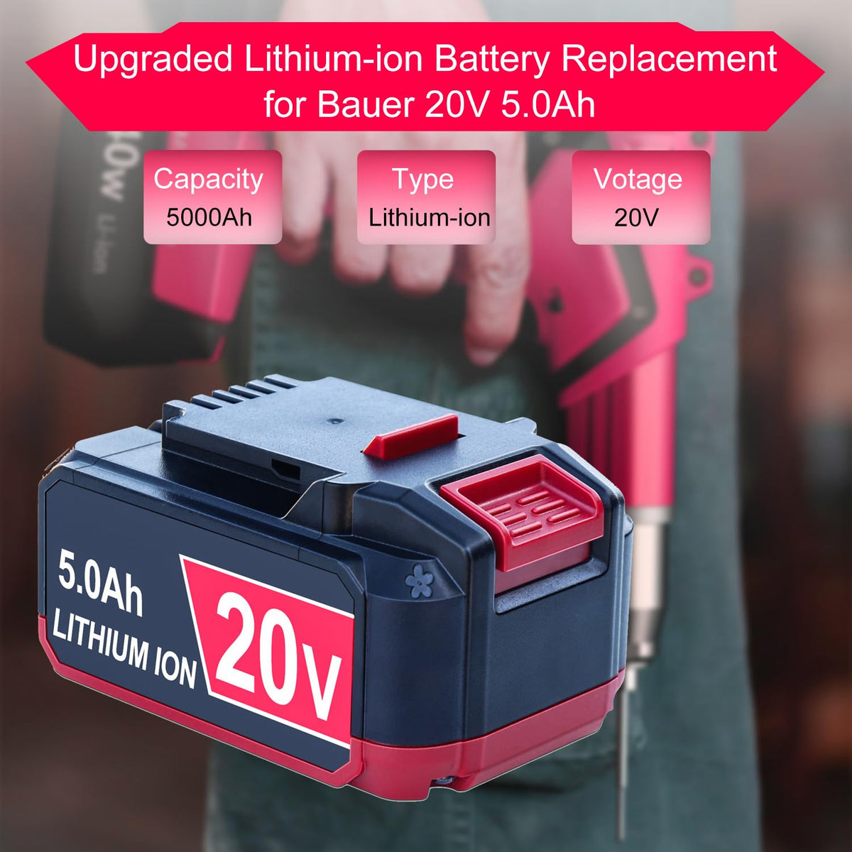 DTK Bauer 20V 5.0Ah battery shows charge level with LED indicator.