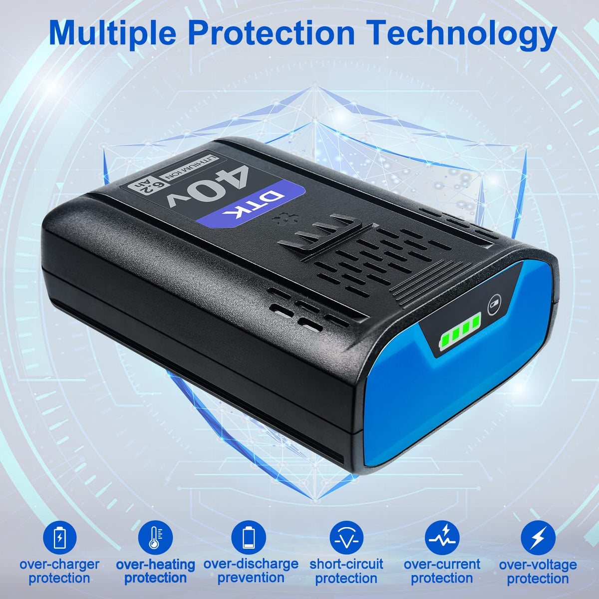 DTK 40V battery compatible with trimmers, blowers, and garden tools.